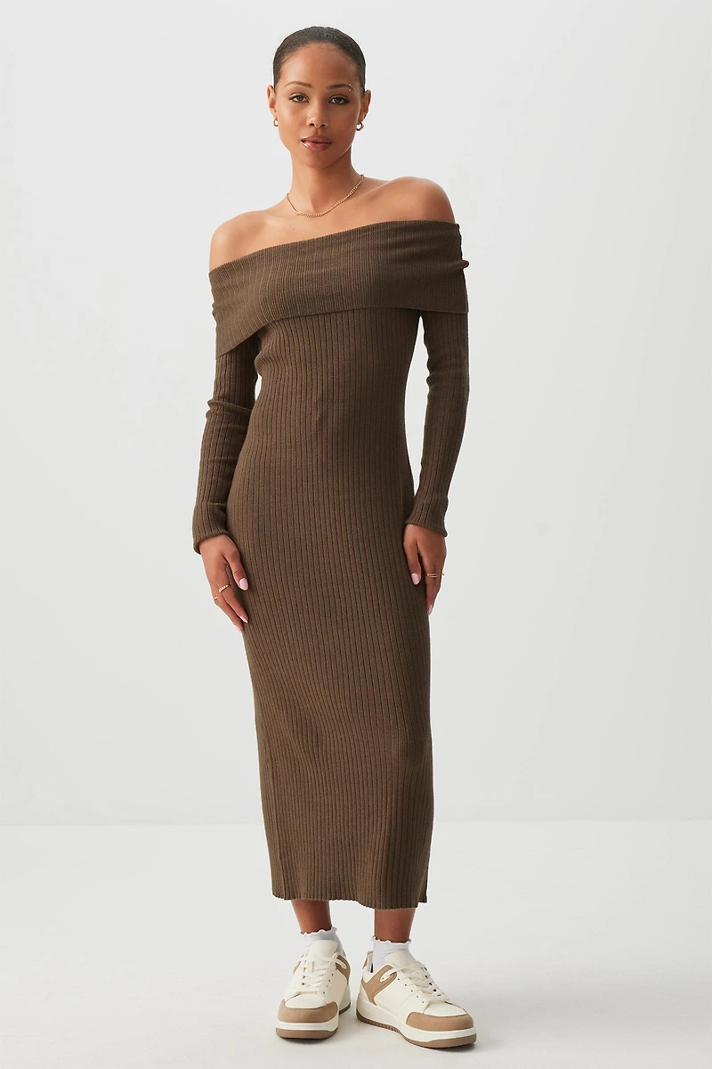 Ardene Off Shoulder Midi Sweater Dress in Brown | Size | Polyester/Elastane/Polyamide