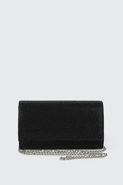 Ardene Embellished Satin Clutch in Black | Polyester