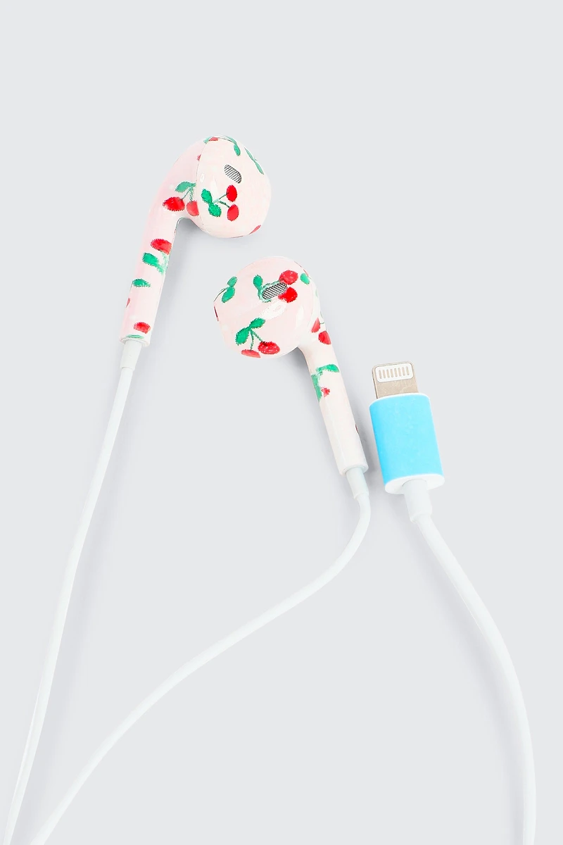 Ardene Cherry Print Lightning Earbuds with Controller in White