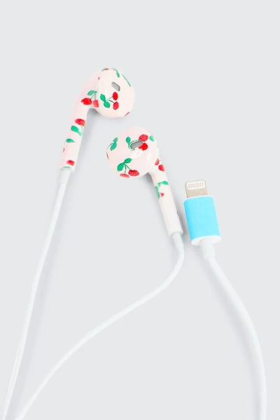 Ardene Cherry Print Lightning Earbuds with Controller in White