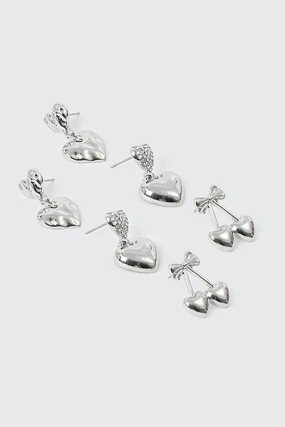 Ardene 3-Pack Heart & Cherry Earrings in Silver | Stainless Steel