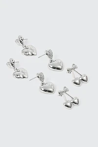 Ardene 3-Pack Heart & Cherry Earrings in Silver | Stainless Steel