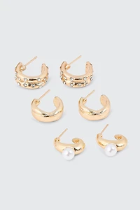 Ardene 3-Pack Pearl & Stone Hoop Earrings in Gold | Stainless Steel