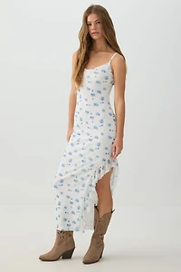 Ardene Floral Mesh Ruffle Maxi Dress in White | Size | Polyester/Spandex