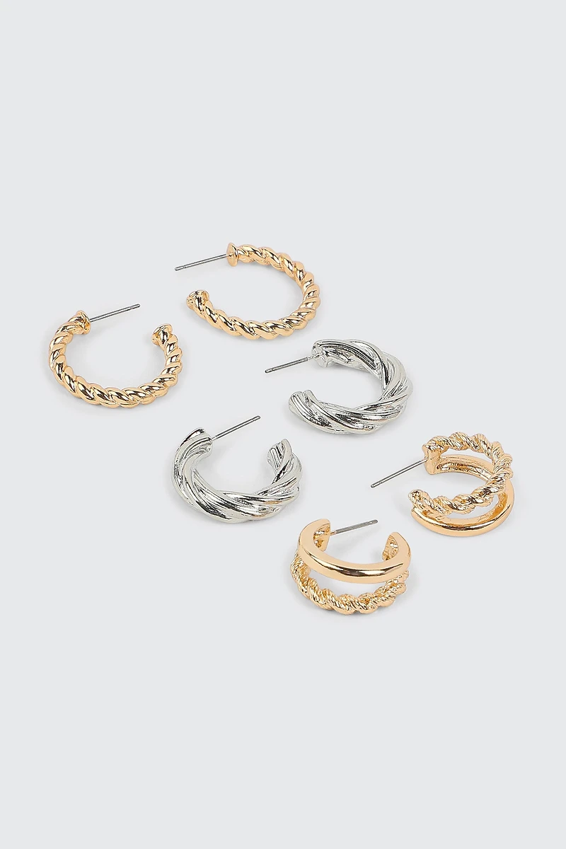 Ardene 3-Pack Twisted Hoop Earrings in Gold | Stainless Steel