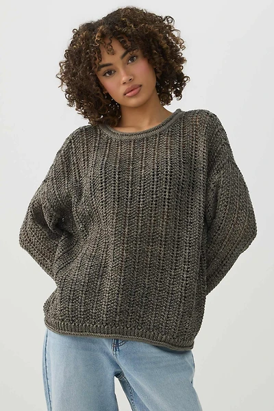 Ardene Open Stitch Crew Neck Sweater in Khaki | Size Small | 100% Cotton