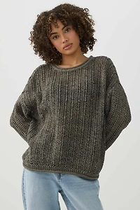 Ardene Open Stitch Crew Neck Sweater in Khaki | Size | 100% Cotton