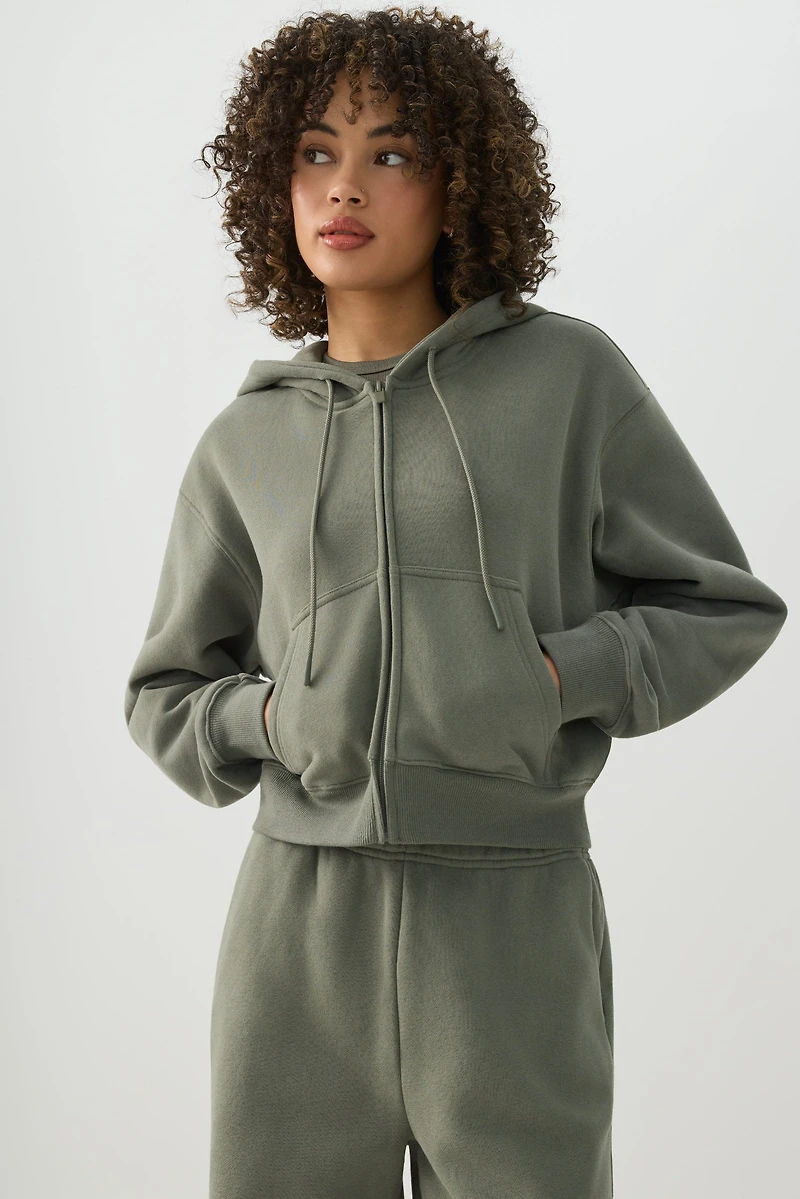 Ardene MADESOFT Fleece Short Zip Up Hoodie in Sage | Size | Polyester/Cotton | Eco-Conscious