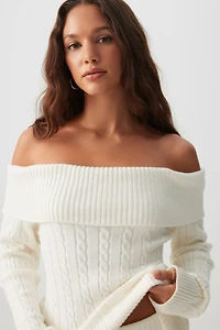 Ardene Cable Knit Off Shoulder Sweater in White | Size | Polyester/Nylon/Viscose