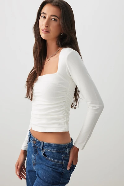 Ardene Square Neck Long Sleeve Top in White | Size | Cotton/Elastane