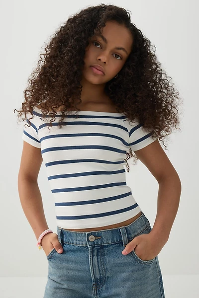 Ardene Kids Rib Off Shoulder T-Shirt in White | Size | Cotton/Elastane