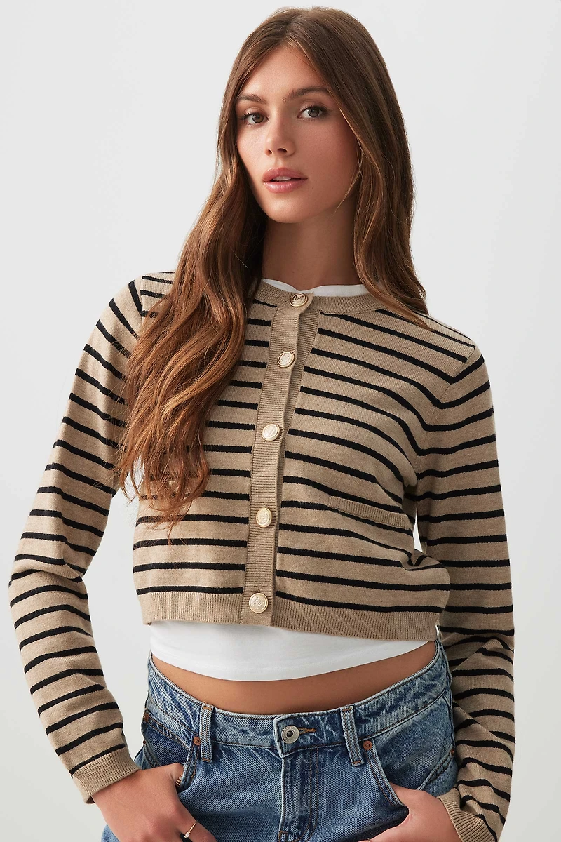 Ardene Crop Cardigan with Gold Buttons in Beige | Size | Polyester/Nylon/Viscose