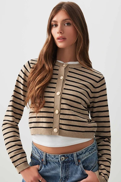 Ardene Crop Cardigan with Gold Buttons in Beige | Size | Polyester/Nylon/Viscose