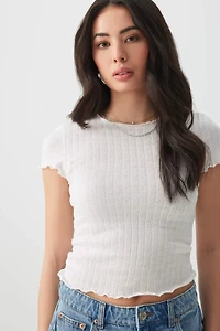 Ardene Pointelle Lettuce Edge T-Shirt in White | Size | Polyester/Rayon/Nylon