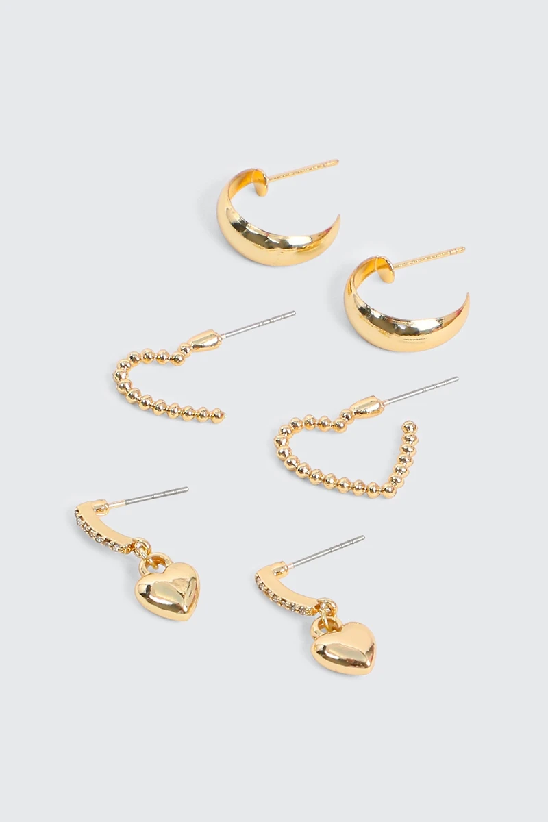 Ardene 3-Pack Heart 14K Gold Plated Hoop Earrings | Stainless Steel