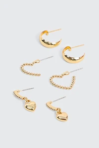 Ardene 3-Pack Heart 14K Gold Plated Hoop Earrings | Stainless Steel