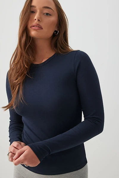 Ardene Basic Fitted Long Sleeve T-Shirt in Dark Blue | Size 2XS | Cotton/Elastane | Eco-Conscious