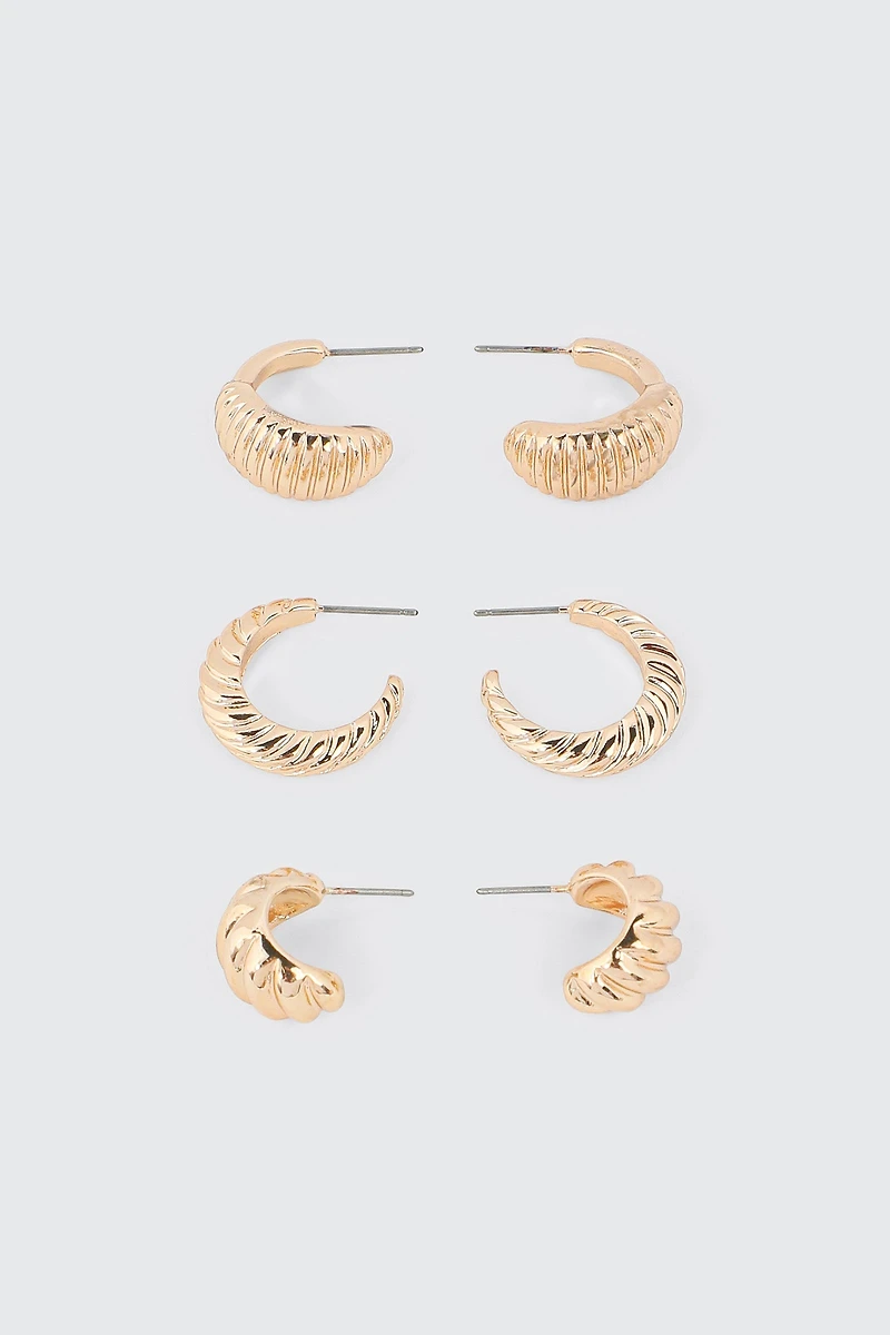 Ardene 3-Pack Ribbed Hoop Earrings in Gold | Stainless Steel