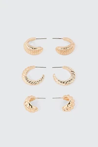 Ardene 3-Pack Ribbed Hoop Earrings in Gold | Stainless Steel