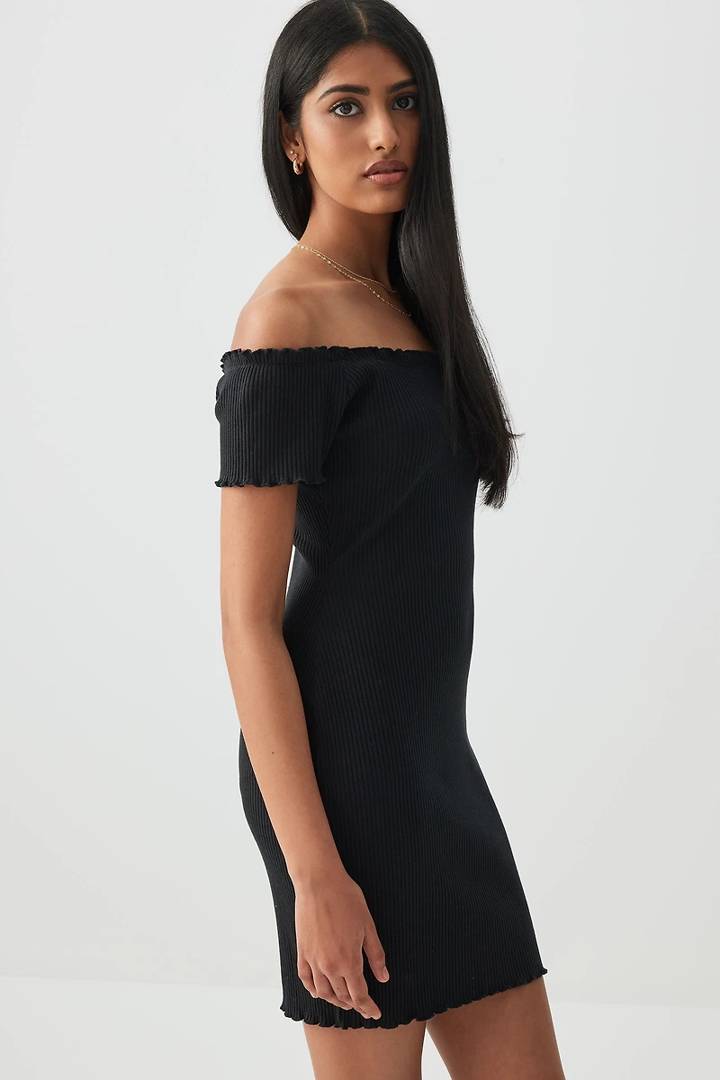 Ardene Off Shoulder Ribbed Bodycon Dress in Black | Size | Spandex/Cotton