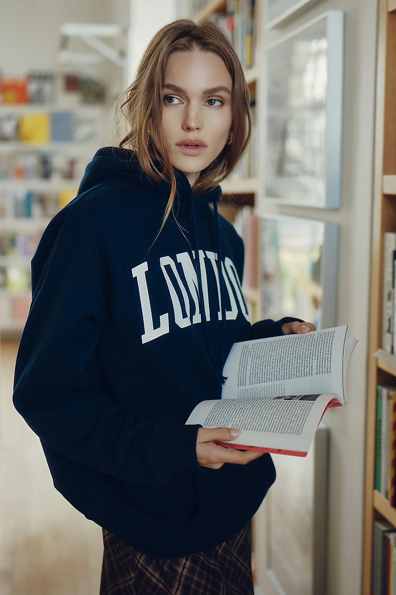 Ardene Graphic Oversized Hoodie in Dark Blue | Size | Polyester/Cotton | Fleece-Lined | Eco-Conscious