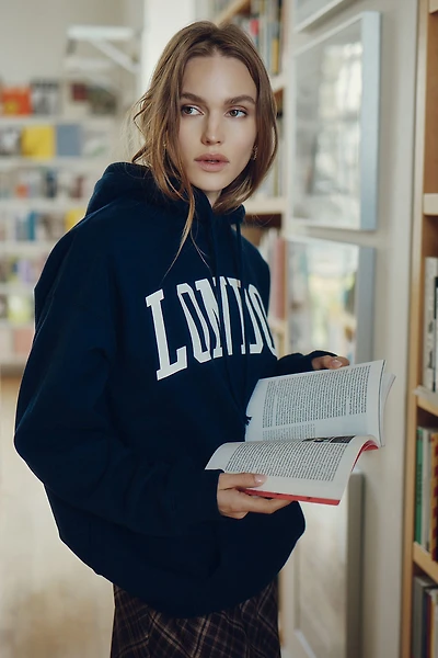 Ardene Graphic Oversized Hoodie in Dark Blue | Size | Polyester/Cotton | Fleece-Lined | Eco-Conscious