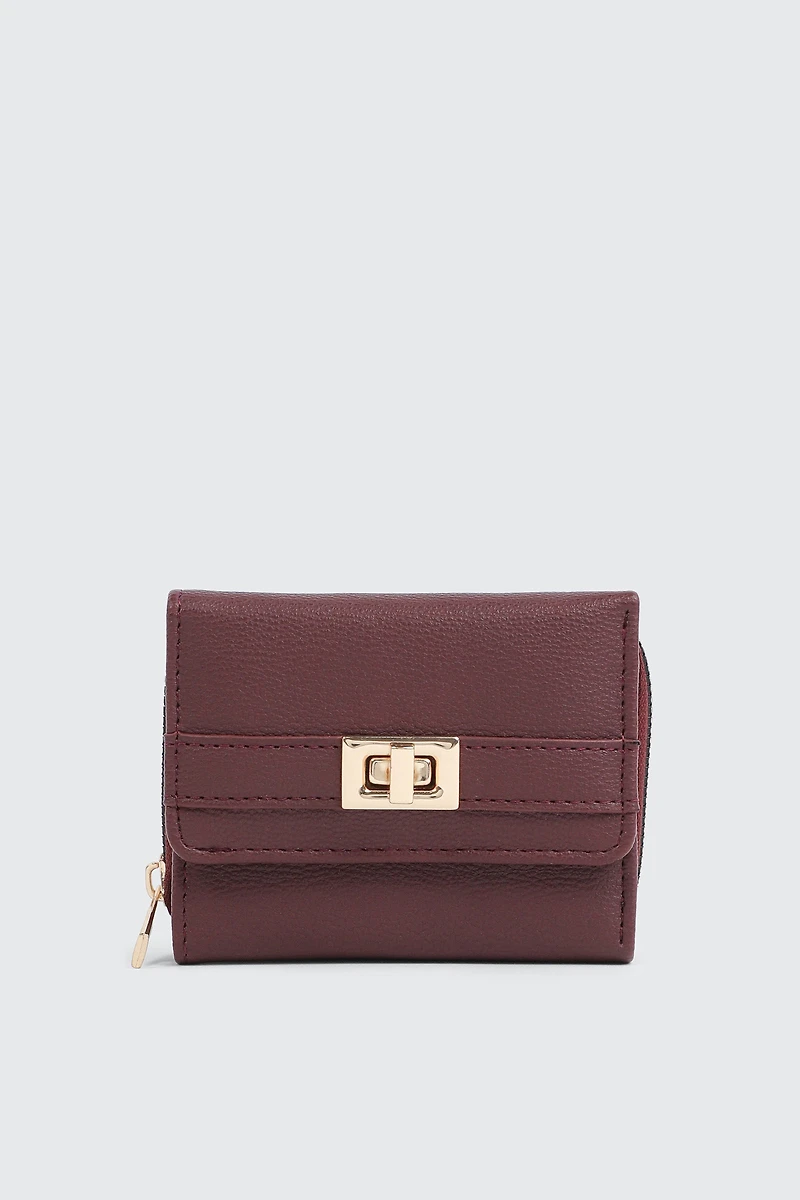 Ardene Turn Lock Wallet in Burgundy | Faux Leather/Polyester