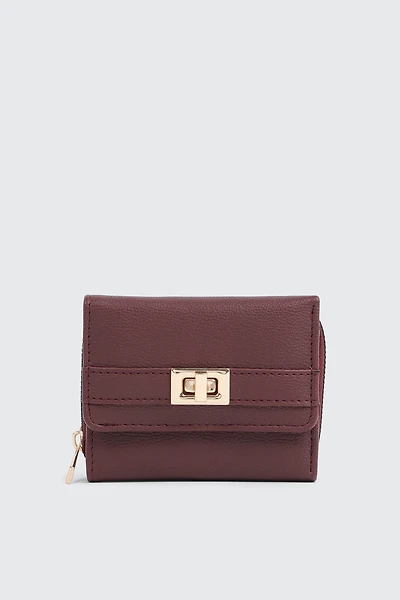 Ardene Turn Lock Wallet in Burgundy | Faux Leather/Polyester