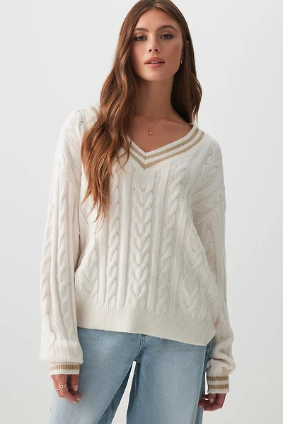 Ardene Cable Knit V-Neck Sweater in Off-White | Size | 100% Acrylic