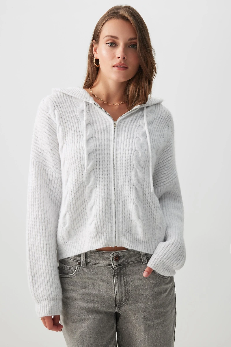 Ardene Cable Knit Zip Up Sweater in Light Grey | Size | Polyester