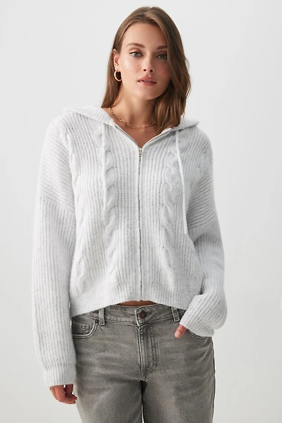 Ardene Cable Knit Zip Up Sweater in Light Grey | Size | Polyester