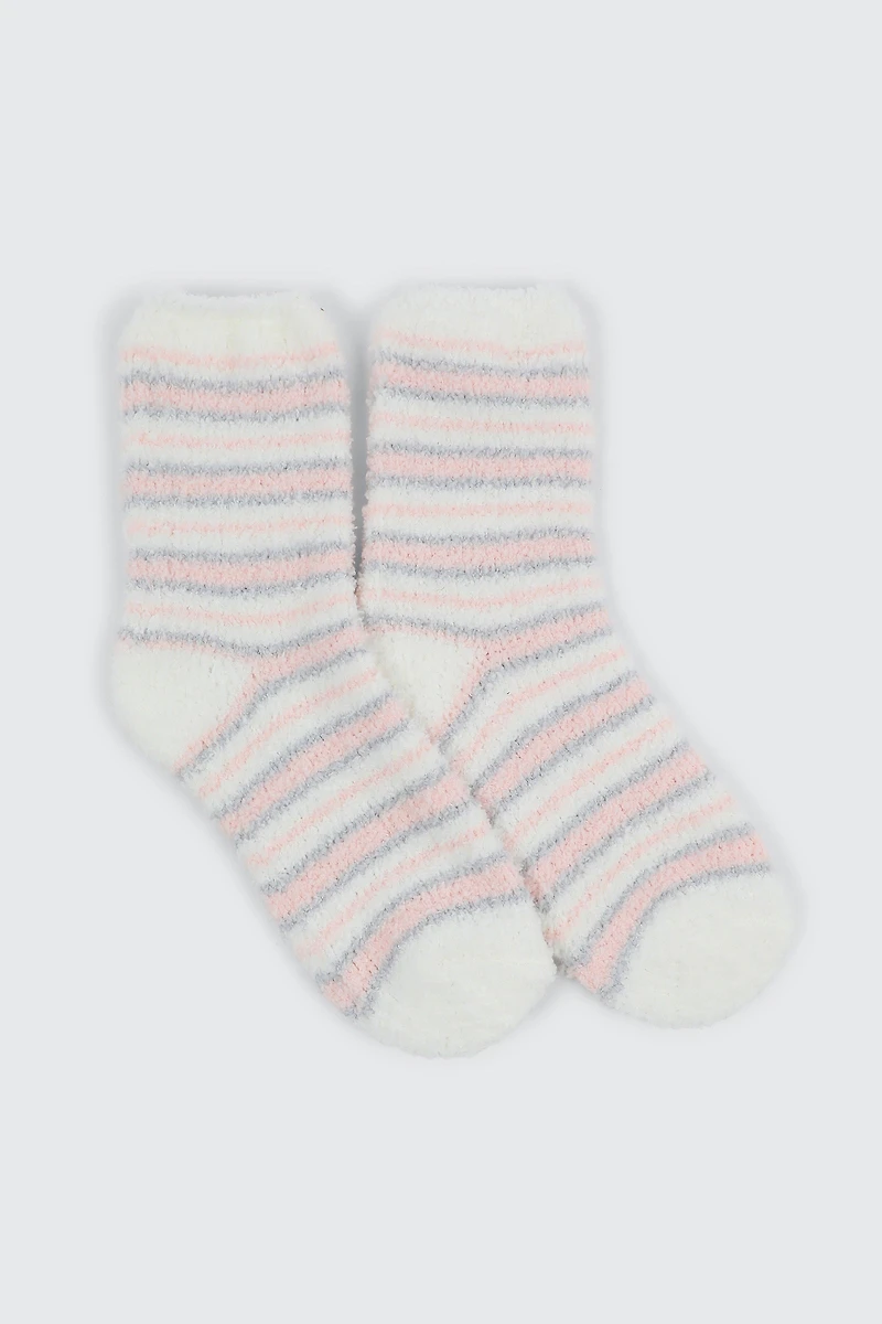 Ardene Striped Cozy Socks in Off-White | Polyester/Spandex
