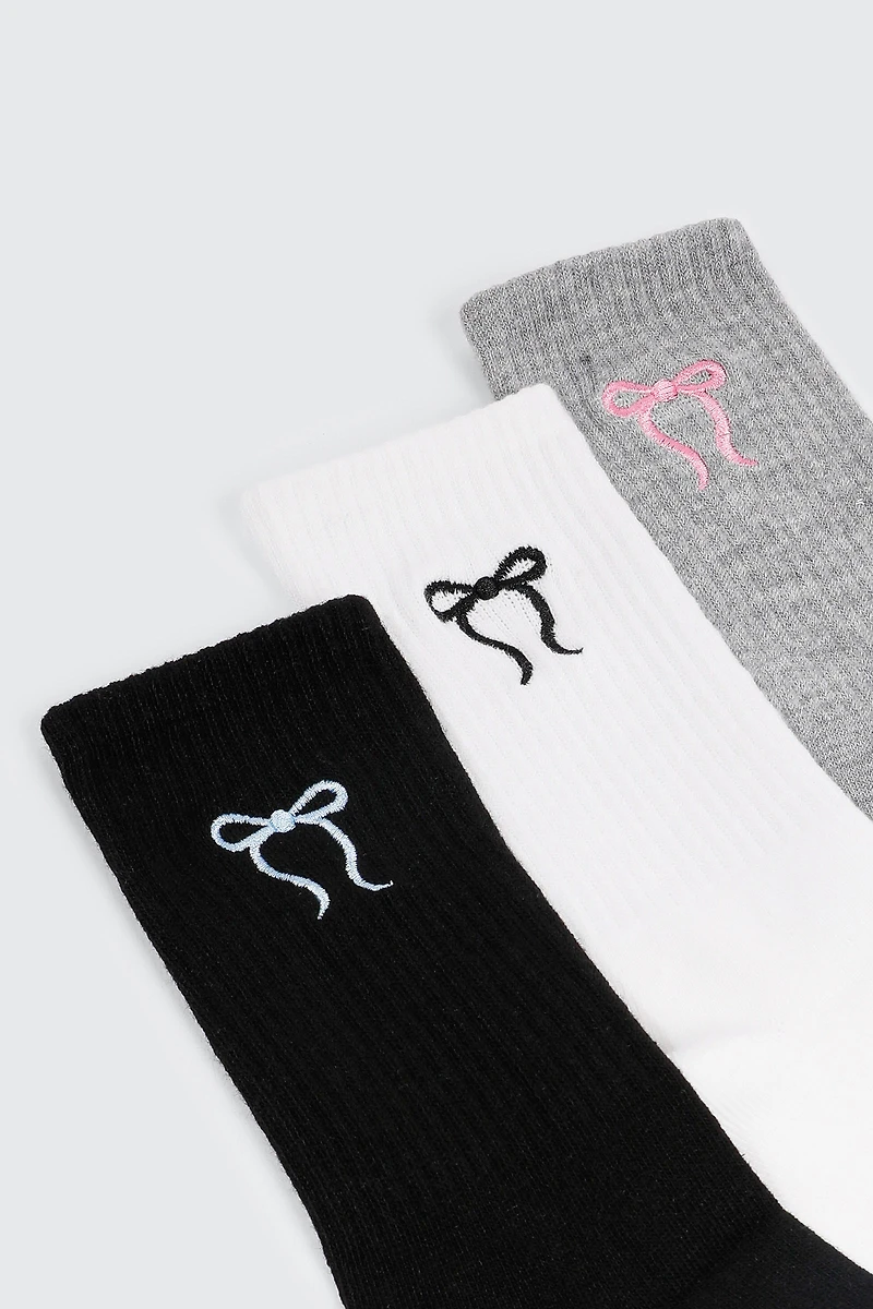 Ardene 3-Pack Crew Socks with Bow Embroidery | Polyester/Spandex