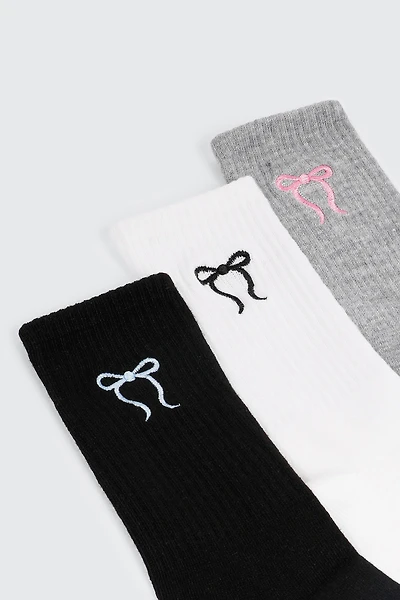 Ardene 3-Pack Crew Socks with Bow Embroidery | Polyester/Spandex