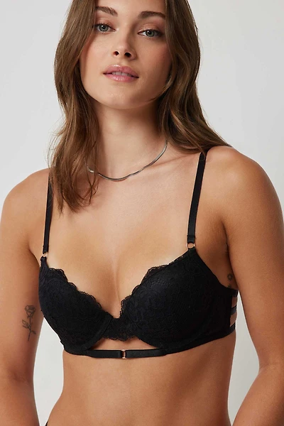 Ardene Front Cutout Lace Push-Up Bra in Black | Size 34B | Nylon/Elastane