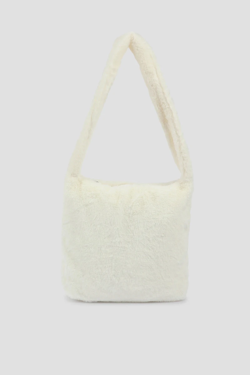 Ardene Faux Fur Tote Bag in Off-White | Polyester
