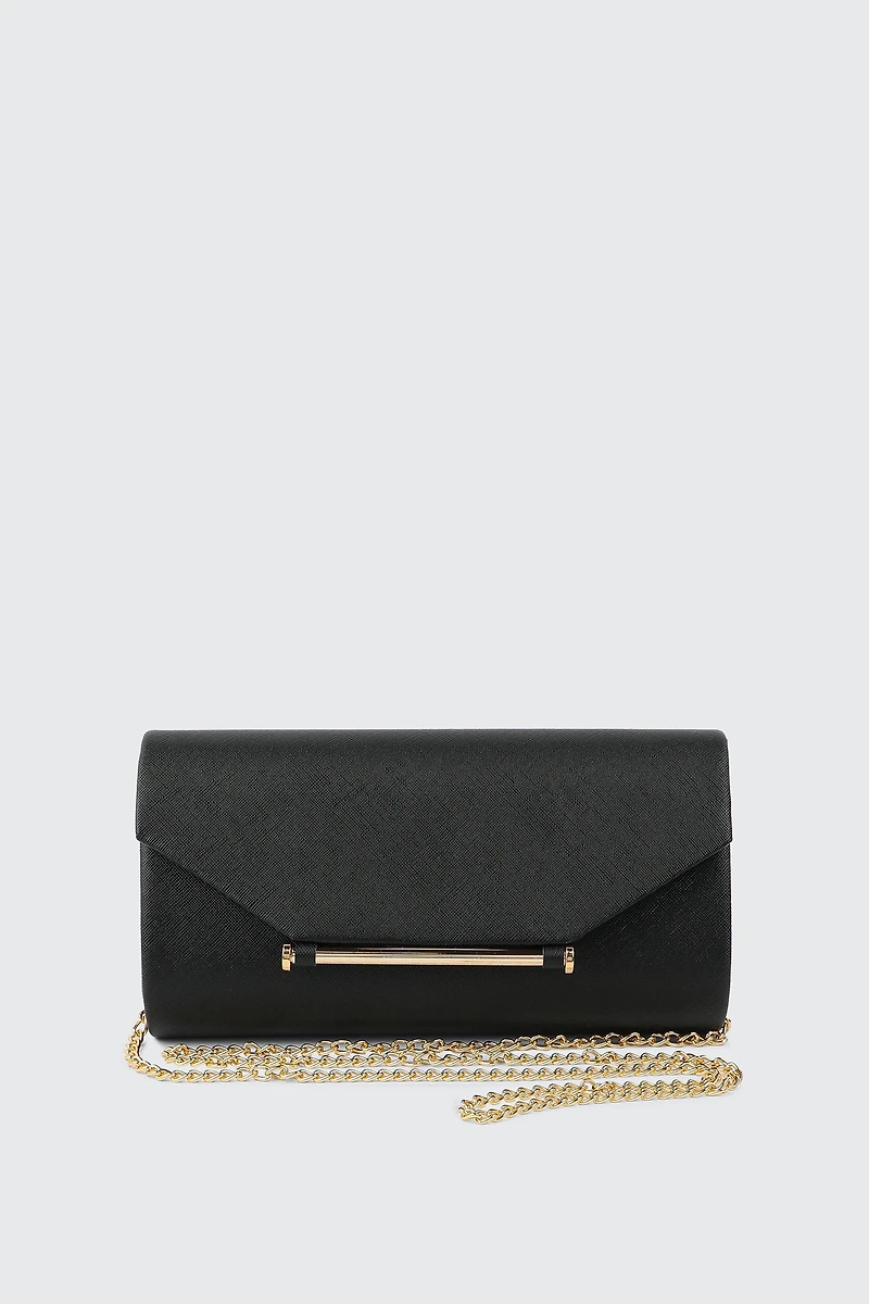 Ardene Clutch with Gold Toned Bar Detail in Black | Polyester