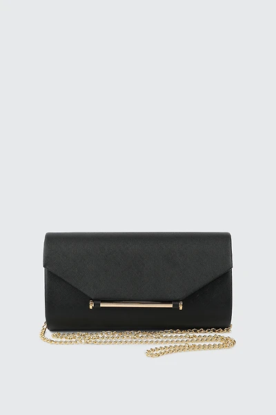 Ardene Clutch with Gold Toned Bar Detail in Black | Polyester