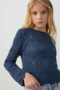 Ardene Kids Crochet Sweater in Blue | Size Small | 100% Cotton