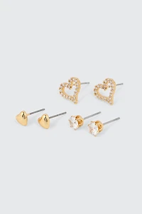 Ardene 3-Pack Heart & Stone 14K Gold Plated Earrings | Stainless Steel