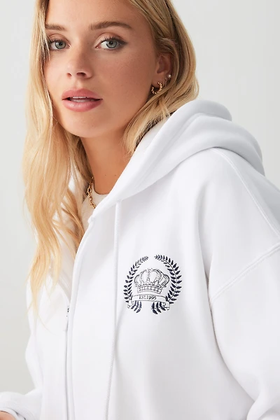 Ardene Oversized Zip Up Hoodie with Embroidery in White | Size | Polyester/Cotton | Fleece-Lined