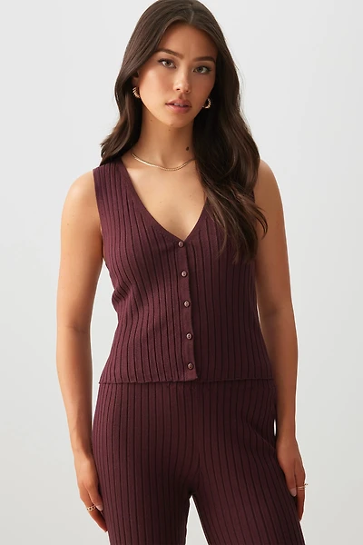 Ardene Rib Knit Button Front Sweater Vest in Burgundy | Size | Nylon/Viscose