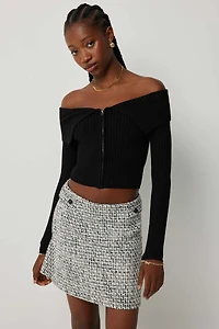 Ardene Crop Off Shoulder Zip-Up Sweater in Black | Size | Polyester/Nylon/Viscose