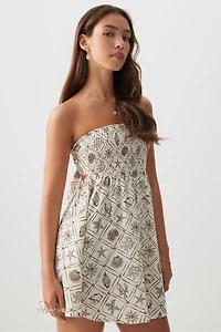 Ardene Strapless Tie Back Mini Dress in Beige | Size Large | Polyester