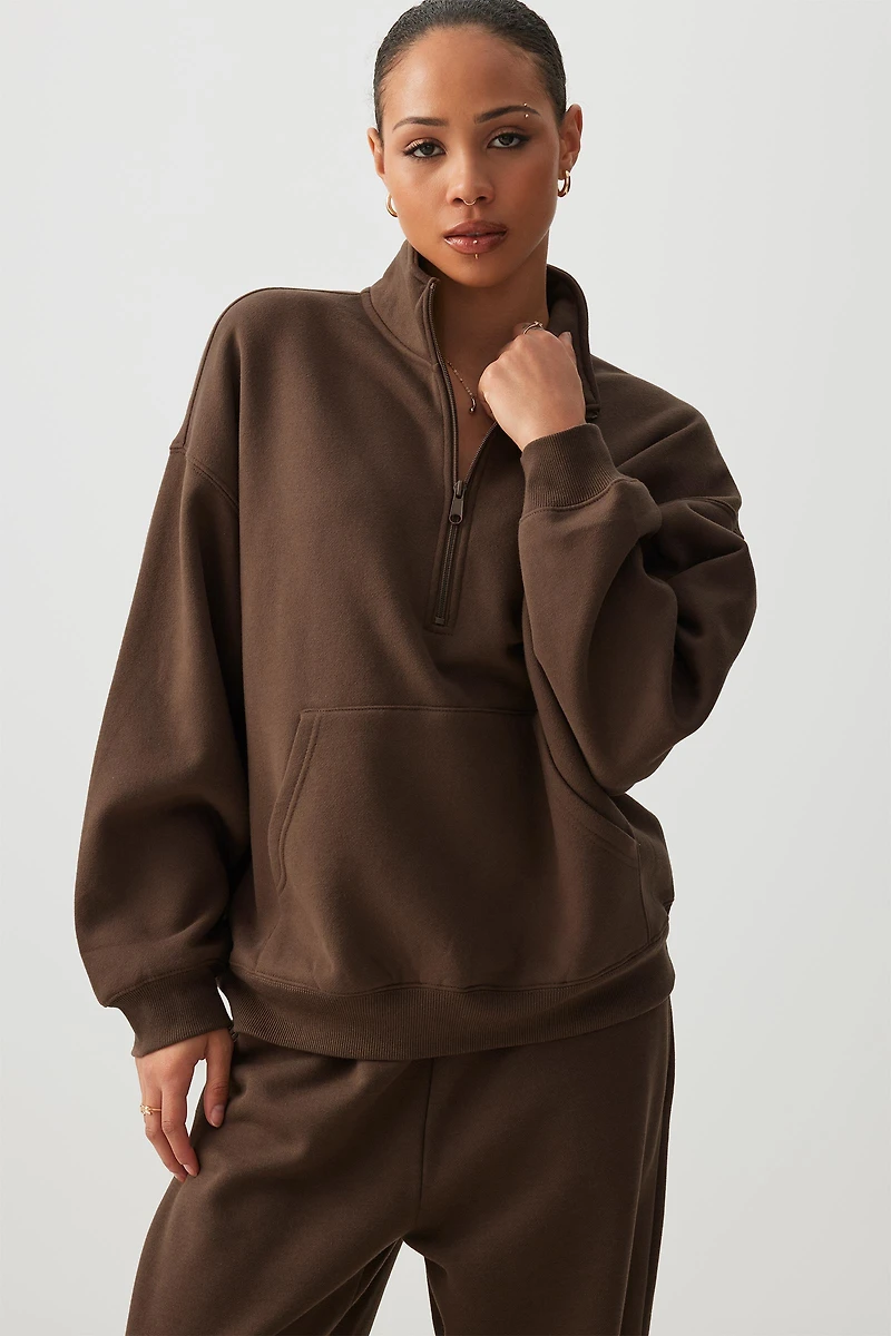 Ardene MADESOFT Fleece Oversized Half Zip Sweatshirt in Espresso | Size | Polyester/Cotton | Eco-Conscious