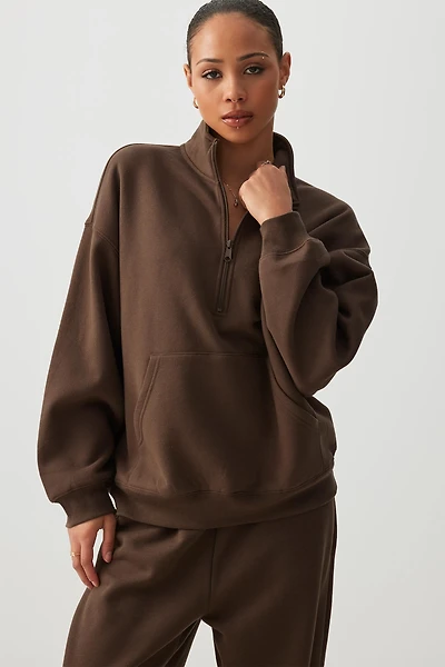 Ardene MADESOFT Fleece Oversized Half Zip Sweatshirt in Espresso | Size | Polyester/Cotton | Eco-Conscious