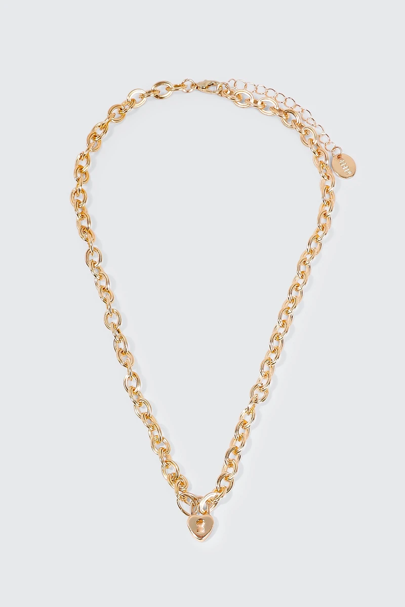 Ardene Heart Lock Chunky Chain Necklace in Gold