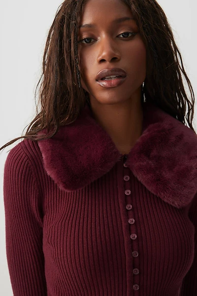 Ardene Short Cardigan with Removable Faux Fur Collar in | Size | Polyester/Nylon/Viscose