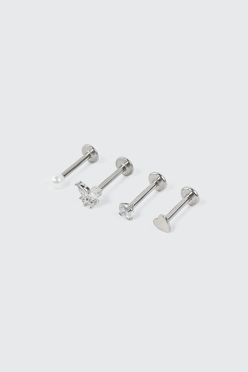 Ardene 4-Pack Butterfly & Heart Labret Piercings in Silver