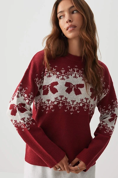 Ardene Fair Isle Bow Sweater in Burgundy | Size | Polyester/Elastane